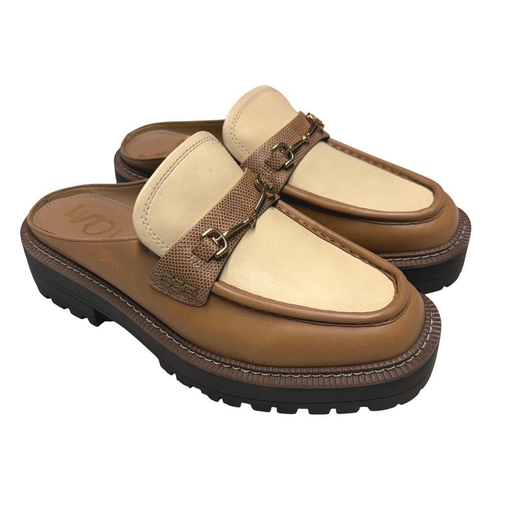 Sam Edelman Women Tan Cream Lug Sole Horsebit Loafer‎ Mules Size 8.5 Preppy